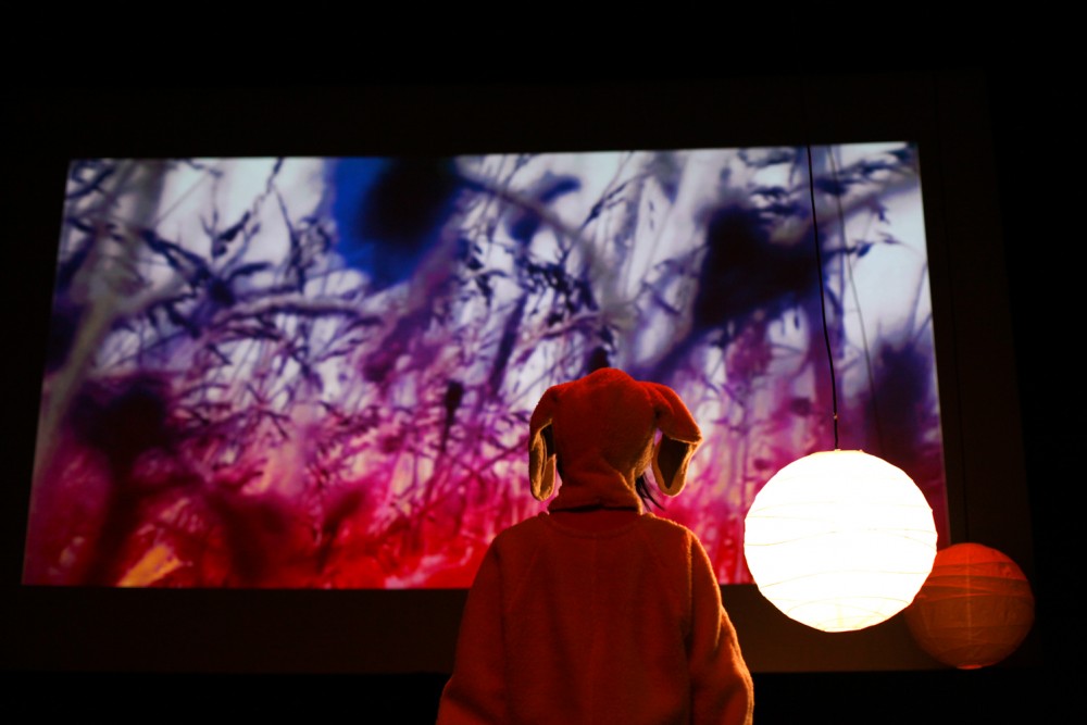 Someone is dressed as a dog, they have their back to the camera and they are looking up at a screen, which has an image of a wheat field.