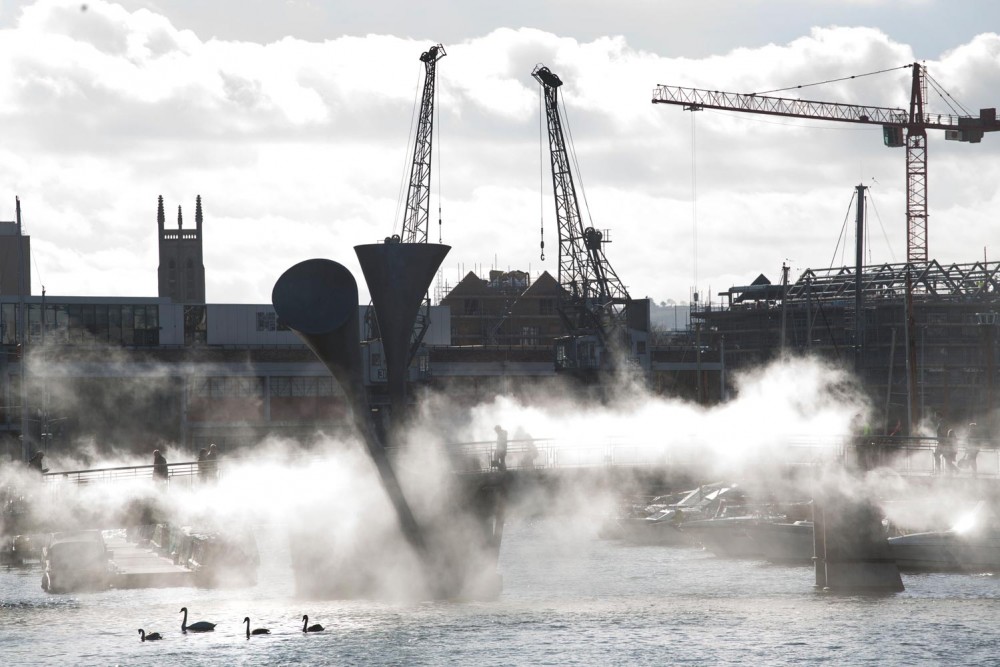 Fog moving across Pero's Bridge and Bristol Harbourside.