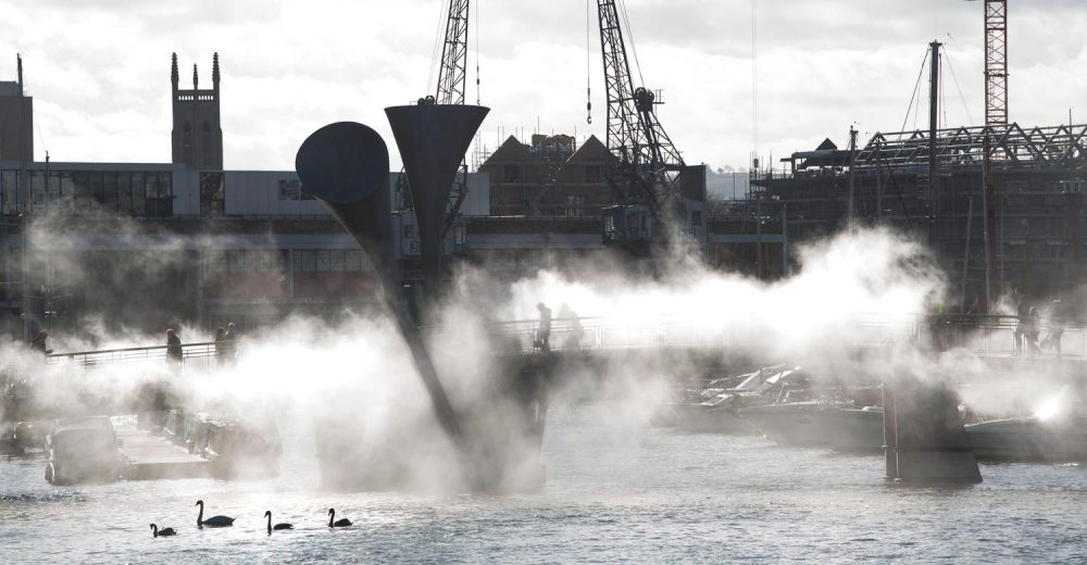 Fog moving across Pero's Bridge and Bristol Harbourside.