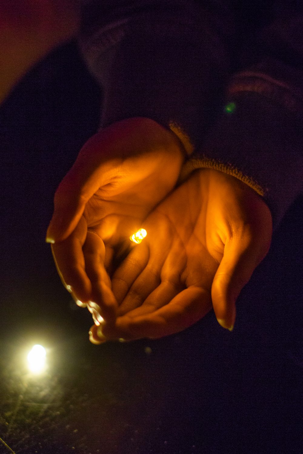 LED light shines in someone's hands